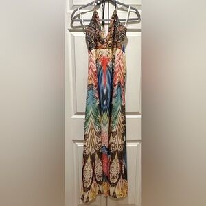 Boston Proper Multicolor Butterfly Print Beaded Halter Pretty Wings Maxi Dress
